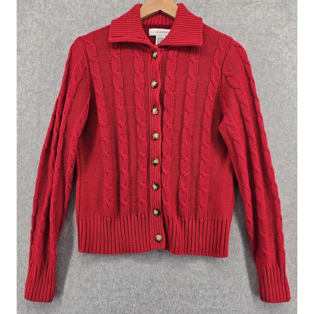 Vtg Sag Harbor Womens L Red Cardigan Long Sleeve Button Up Cable Knit Collar Y2K
